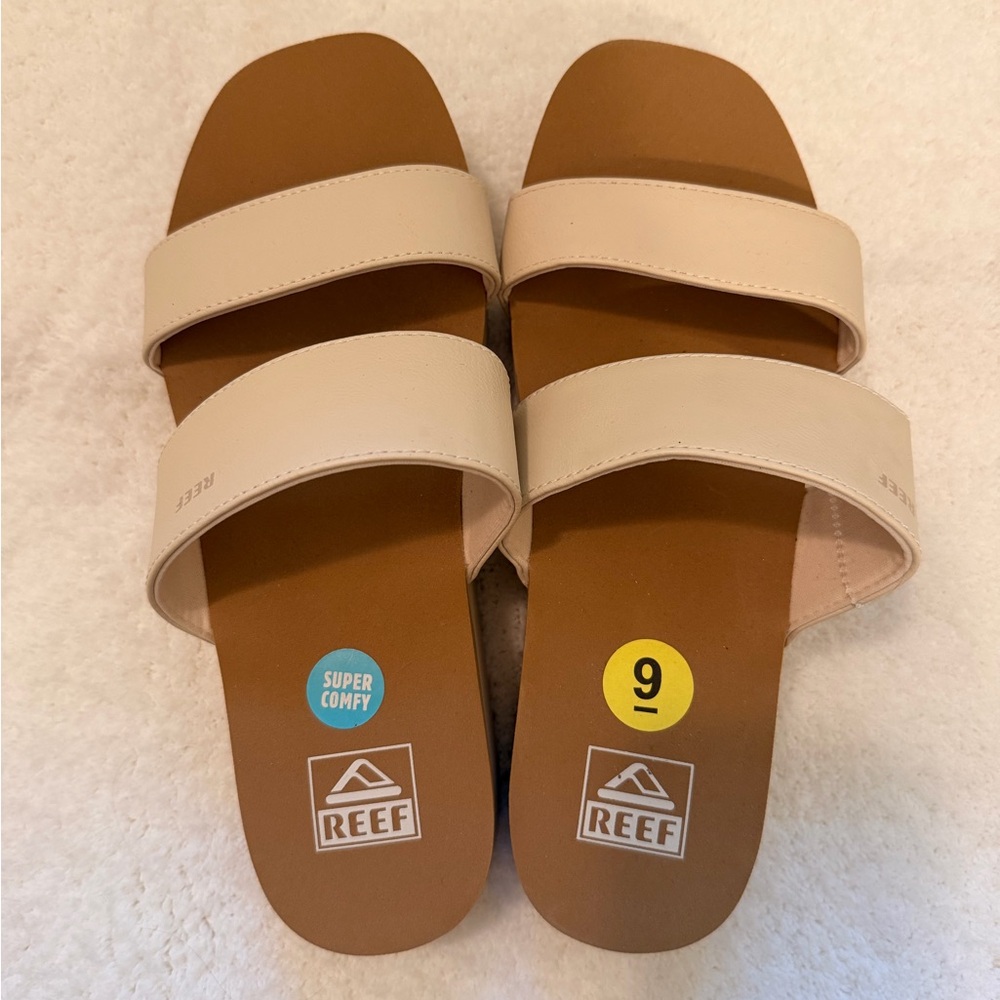Reef Double Strap Slide Sandals in Beige and Brown